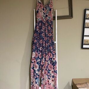 Billabong Navy Blue Floral Jumpsuit Size S Sleeveless Wide Leg Beachy-93
